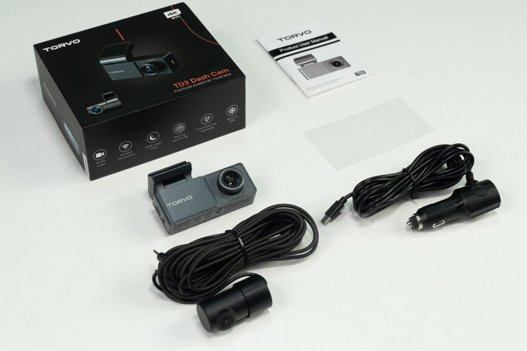 TORVO TD3 Dash Cam box, User Manual, front and rear camer, 12v power cord
